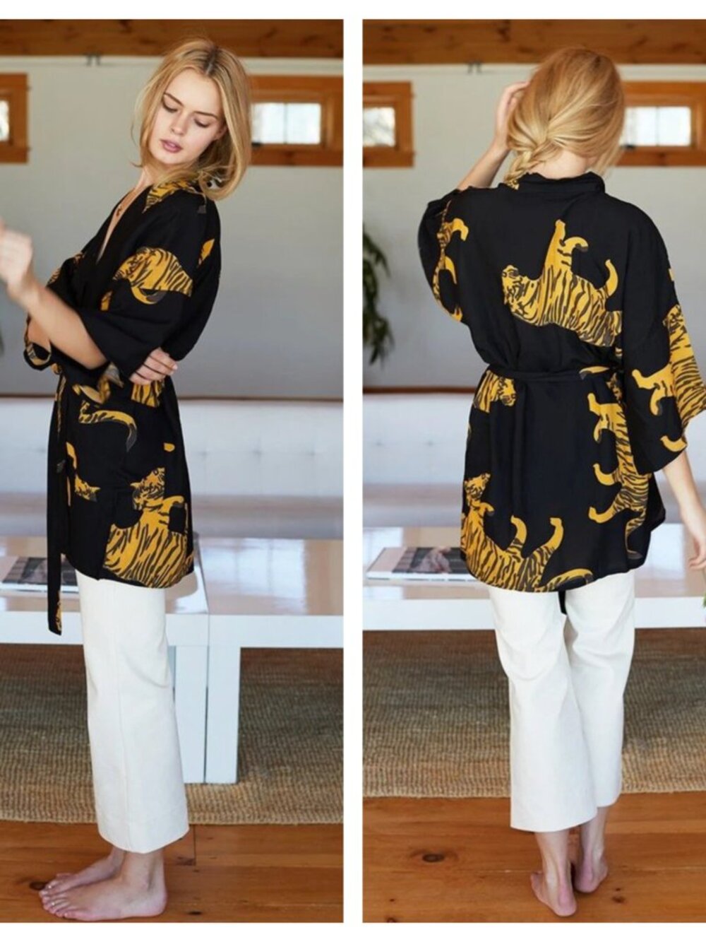 Emerson Fry Fete Layering Robe Kimono Top Tiger Hand Printed Black Yellow XS/S - Picture 7 of 7